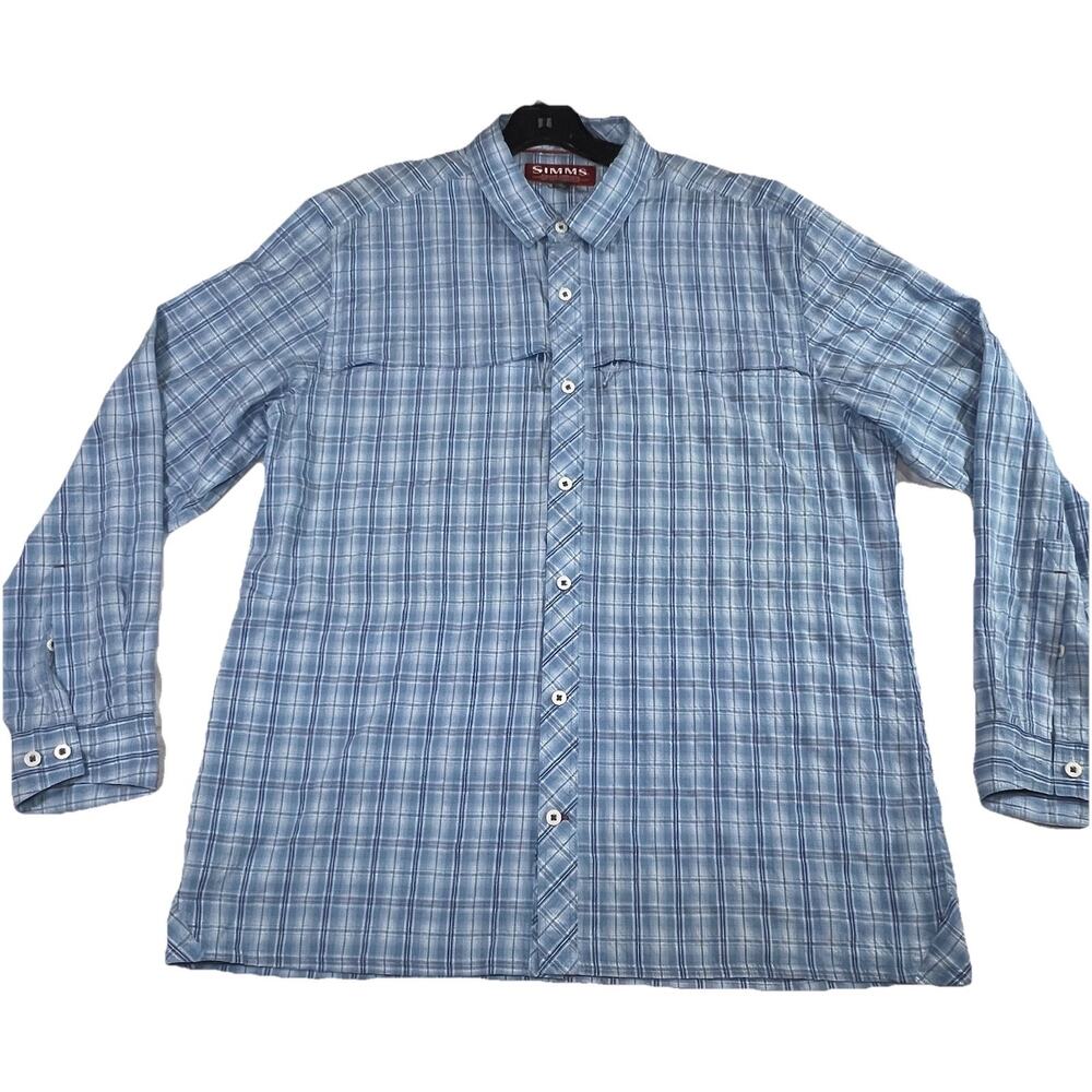 Simms Fishing Shirt Men's Size XL Blue Plaid Long Sleeve Button Outdoors Hiking